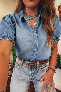 Women's Chic Casual Women's Beau Blue Denim Shirt with Frilled Short Sleeves and Snap Buttons for Effortless Style