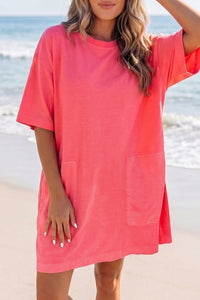 Chic Coral Drop Shoulder Mini Dress for Women - Relaxed Fit, Perfect for Summer Outings and Casual Events