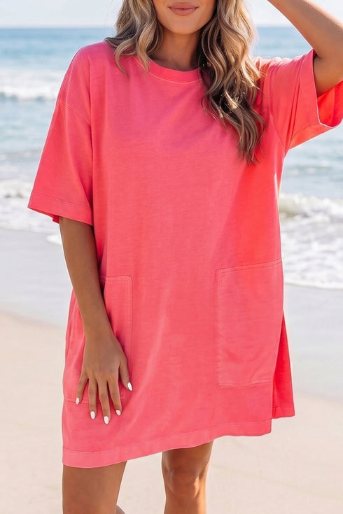 Chic Coral Drop Shoulder Mini Dress for Women - Relaxed Fit, Perfect for Summer Outings and Casual Events