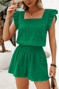 women's chic dark green textured square neck women's top and shirred high waist shorts set for effortless summer style with practical styling and
