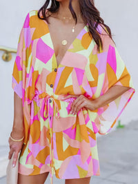 Chic Deep V Neck Printed Mini Dress with Button Detail