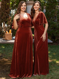 Chic Double V Neck Velvet Party Dress with Ruffled Sleeves