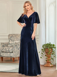 Chic Double V Neck Velvet Party Dress with Ruffled Sleeves