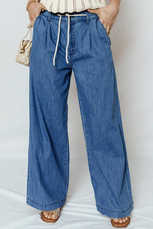 Women's Chic Dusk Blue Wide Leg Jeans for Women with Lace-Up Detail - Comfortable Pull-On Fit for Effortless Style