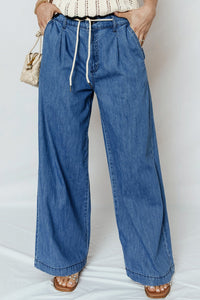 Women's Chic Dusk Blue Wide Leg Jeans for Women with Lace-Up Detail - Comfortable Pull-On Fit for Effortless Style