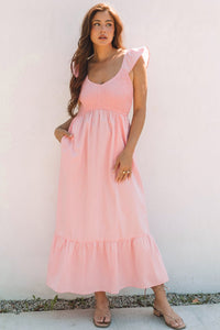 Women's Apricot Pink Smocked Flutter Sleeve Maxi Dress