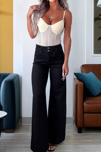 Women's Sophisticated Black Wide-Leg Jeans with Double-Button Waist, black, photo 4