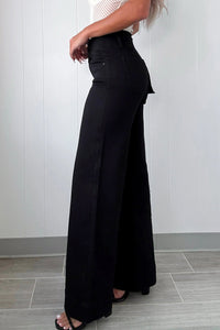 Women's Sophisticated Black Wide-Leg Jeans with Double-Button Waist, black, photo 3