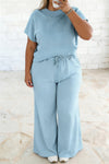 women's chic mist blue ribbed trim short sleeve top and loose drawstring pants set for women - comfortable 2-piece loungewear with practical styling