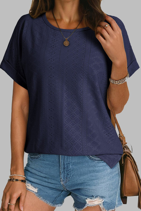 Women's Chic Navy Blue Eyelet Jacquard Short Sleeve Top for Women – Effortless Cuffed Design for Everyday Style and Comfort