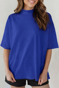 Chic Oversized Dark Blue High Neck Tee for Women – Stylish, Comfortable Casual Top with Relaxed Fit