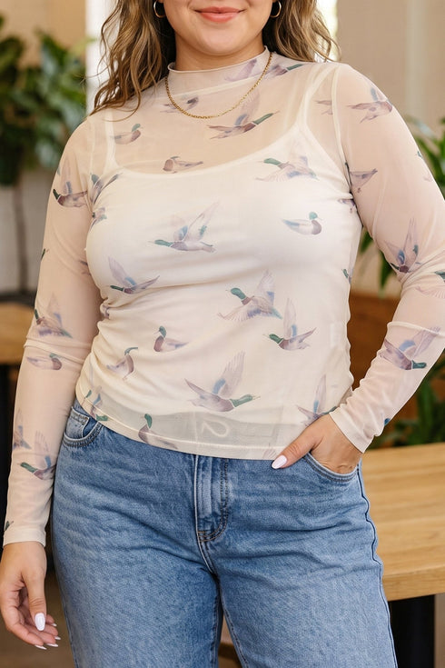 Chic Plus Size Women's Beige Mesh Tunic Blouse with Duck Print and Long Sleeves for Effortless Casual Style