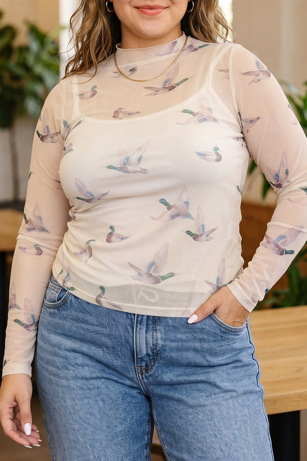 Chic Plus Size Women's Beige Mesh Tunic Blouse with Duck Print and Long Sleeves for Effortless Casual Style