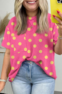 Chic Plus Size Women's Pink Polka Dot Twisted Rib T-Shirt - Casual Everyday Style for Fashionable Comfort