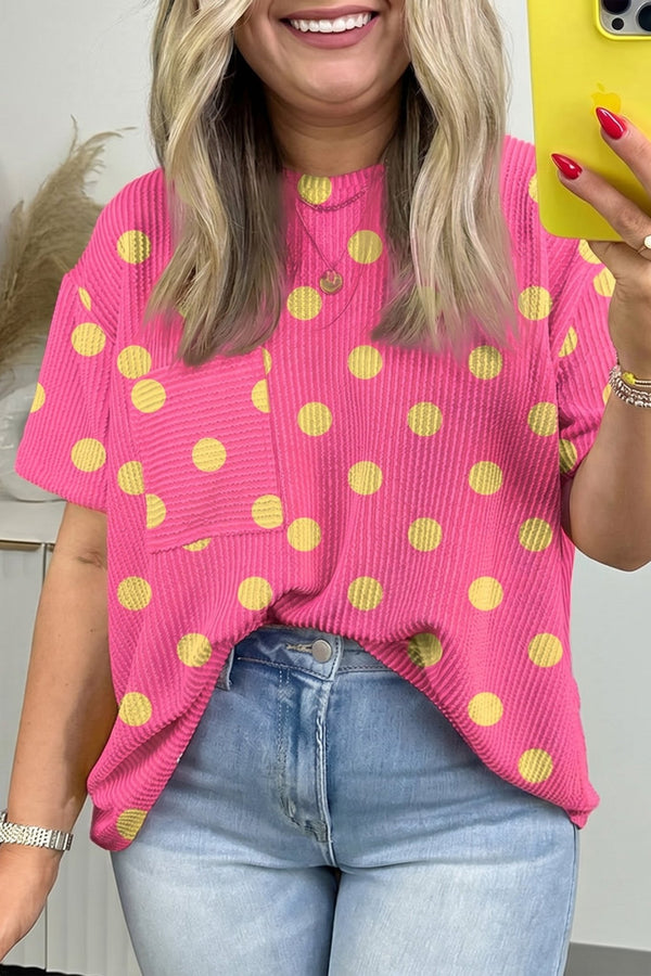 Chic Plus Size Women's Pink Polka Dot Twisted Rib T-Shirt - Casual Everyday Style for Fashionable Comfort