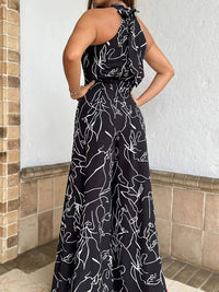 Chic Print Halter Tie Waist Wide Leg Jumpsuit