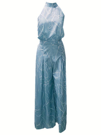 Chic Print Halter Tie Waist Wide Leg Jumpsuit