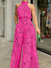 Chic Print Halter Tie Waist Wide Leg Jumpsuit