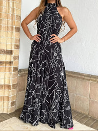 Chic Print Halter Tie Waist Wide Leg Jumpsuit
