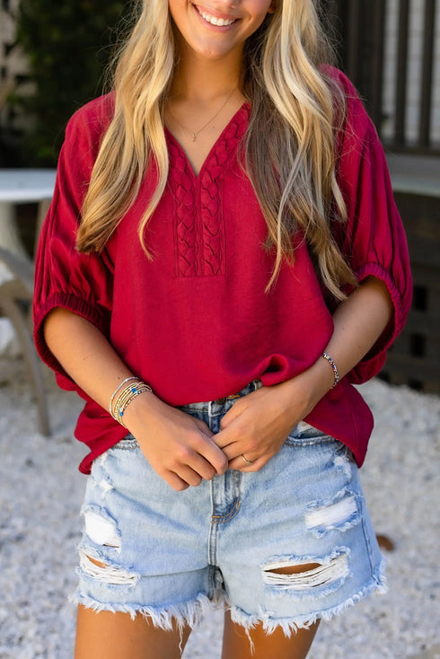 Women's Racing Red V-Neck Blouse with Braided Trim Detail