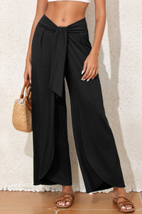 Women's Sophisticated Tie-Front Wide-Leg Split Pants in Midnight Black