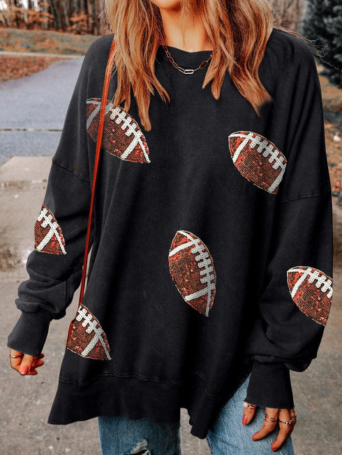 Chic Rugby Graphic Sequin Detail Sweatshirt for Casual Rugby Game Day Outfits