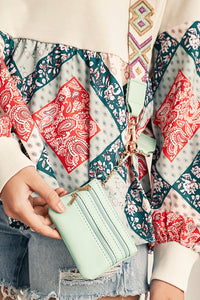 Sea Green Geometric Printed Phone Strap And Detachable Zipped Pouch