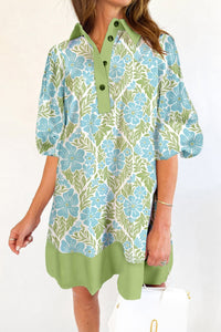 Chic Sky Blue Floral Color Block Mini Dress for Women with Half Sleeves and Trendy Shirt Collar
