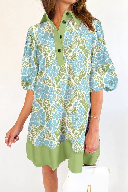 Chic Sky Blue Floral Color Block Mini Dress for Women with Half Sleeves and Trendy Shirt Collar