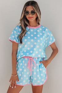 Chic Sky Blue Polka Dot Casual Short Set for Women - Trendy Summer Outfit with Contrast Trim for Everyday Comfort