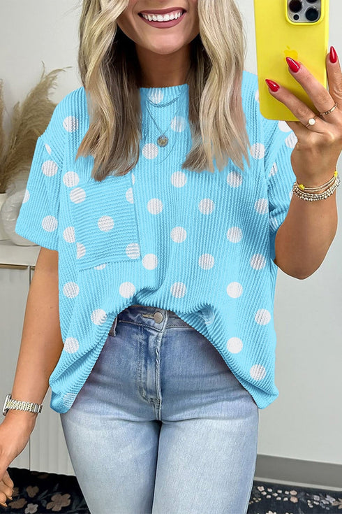Chic Sky Blue Polka Dot Women's Drop Shoulder Top with Round Neck and Stylish Patch Pocket – Textured Jacquard Design