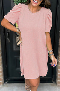 Women's Blossom Pink Corded Knit Puff Sleeve Shift Dress