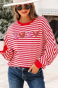 Women's Red Striped Sequin Heart XOXO Long Sleeve Pullover