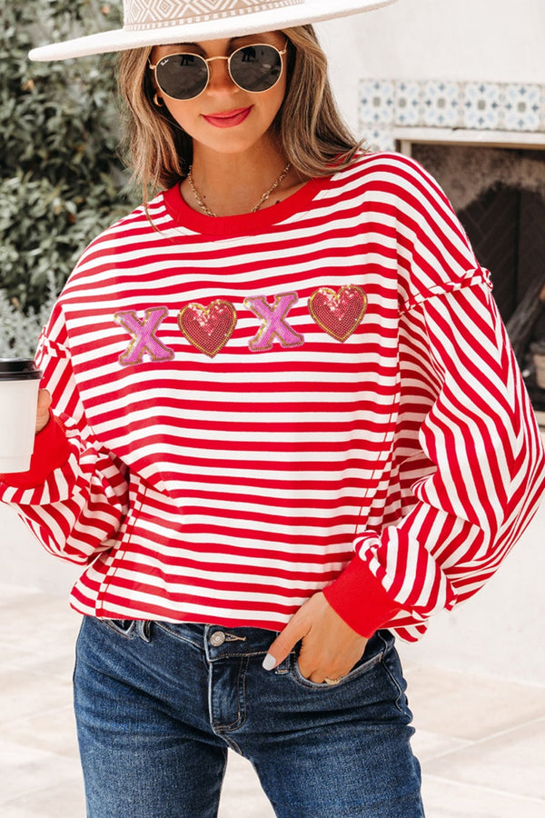 Women's Red Striped Sequin Heart XOXO Long Sleeve Pullover