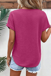 Bright Pink Textured Wide Sleeve V Neck T Shirt