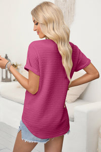 Bright Pink Textured Wide Sleeve V Neck T Shirt