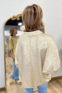 Beige Collared V Neck Half Sleeve Metallic Top