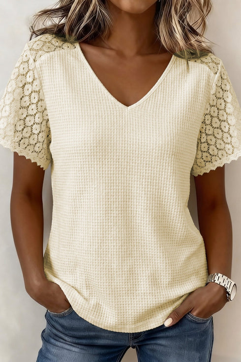 Chic Women's Beige V-Neck Waffle Knit Blouse with Lace Splice & Button Cutouts for a Stylish, Comfortable Look
