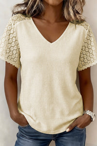 Chic Women's Beige V-Neck Waffle Knit Blouse with Lace Splice & Button Cutouts for a Stylish, Comfortable Look