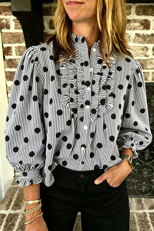 Chic Women's Black and White Polka Dot Striped Ruffle Neck 3/4 Sleeve Shift Top for Effortless Casual Style