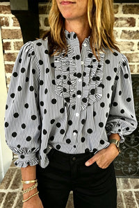Chic Women's Black and White Polka Dot Striped Ruffle Neck 3/4 Sleeve Shift Top for Effortless Casual Style