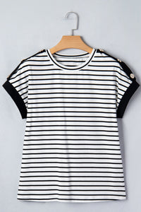 Black Stripe Cuffed Sleeve Button Detail Loose Tee