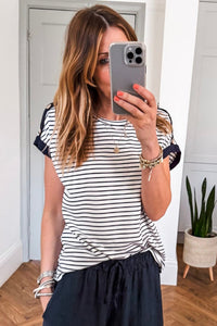 Black Stripe Cuffed Sleeve Button Detail Loose Tee