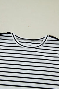Black Stripe Cuffed Sleeve Button Detail Loose Tee