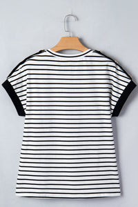 Black Stripe Cuffed Sleeve Button Detail Loose Tee