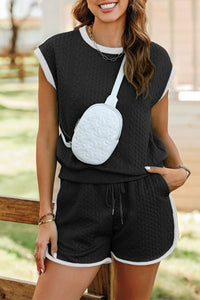 Women's Chic Women's Black Cable Knit Shorts Set with Contrast Trim - Comfortable Summer Casual Outfit for Effortless Style
