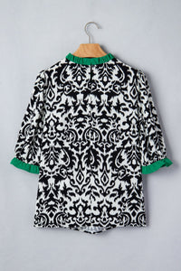 Black Damask Print Ruffled Color Block Detail Half Sleeve Blouse
