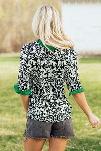 Black Damask Print Ruffled Color Block Detail Half Sleeve Blouse