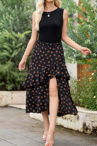 Black Floral Patchwork Asymmetric Ruffle Skirt Solid Tank Bodice Cocktail Dress