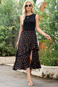 Black Floral Patchwork Asymmetric Ruffle Skirt Solid Tank Bodice Cocktail Dress